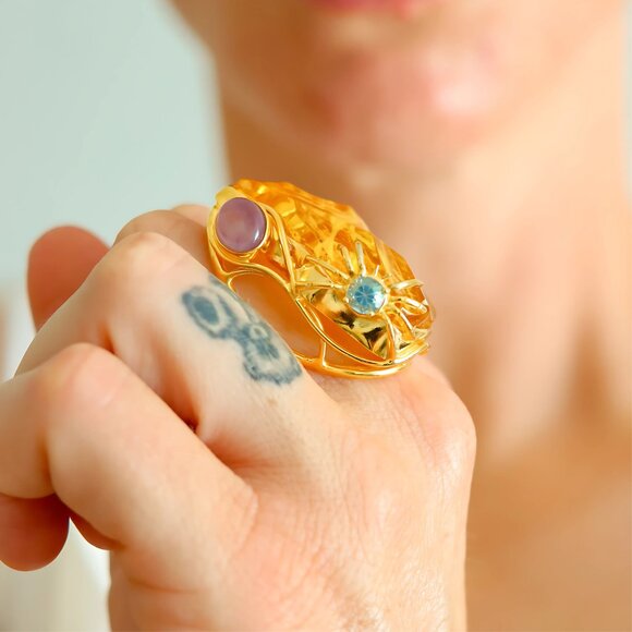 Baltic Amber 14k Gold Plated Spider Cocktail Ring - Picture 7 of 9